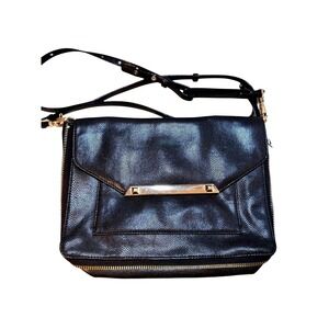 Stella Dot Black Pebble Leather Crossbody Clutch Gold Accent Flap Zip